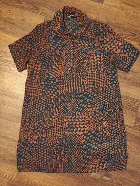 Women’s Orange & Emerald Short-Sleeve Printed Shirt Dress With Pockets